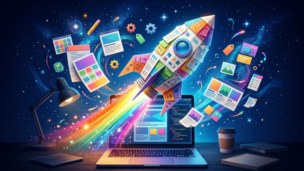 Cheerful rocket built from paper documents launching from an open laptop with a light trail