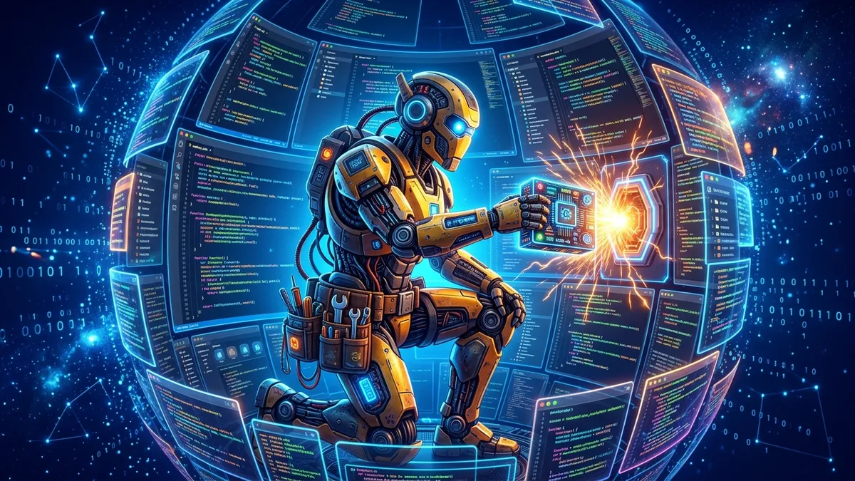 Mechanic robot installing glowing add-on modules into a cockpit made of code editor windows