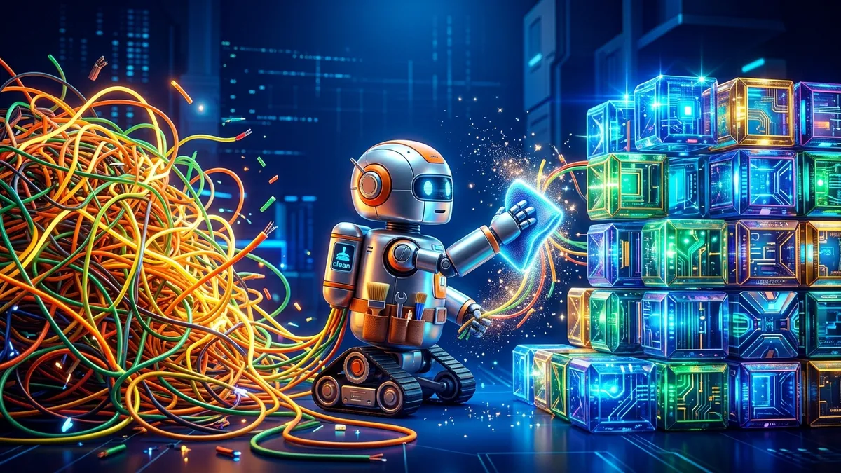Janitor robot transforming tangled glowing spaghetti cables into perfectly organized shining blocks