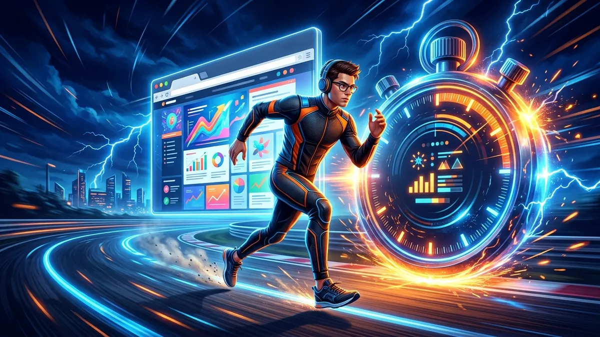 Developer racing a giant glowing stopwatch while a webpage finishes loading behind them