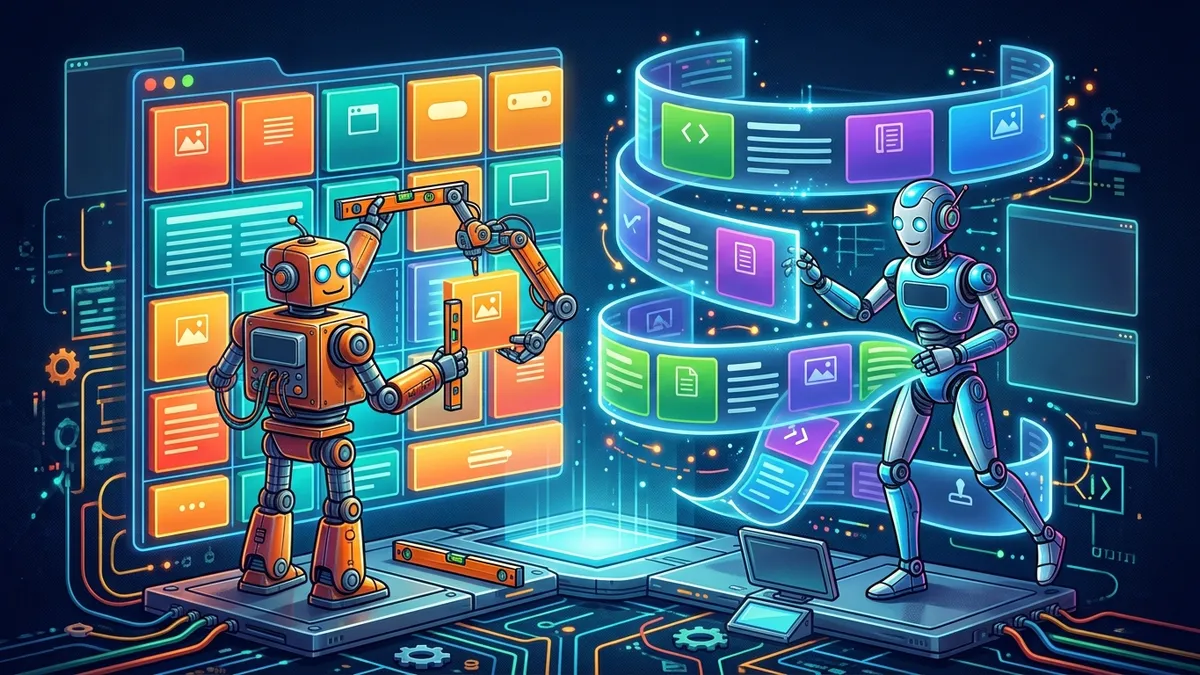 Two robots building a webpage: one placing blocks in a rigid grid, the other arranging flexible floating shelves