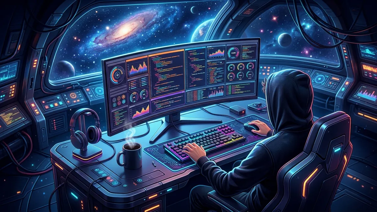 Developer's desk transformed into a glowing spaceship command station with a terminal cockpit