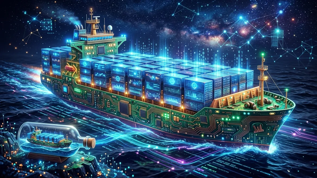 Cargo ship made of circuit boards carrying glowing software containers across a digital ocean