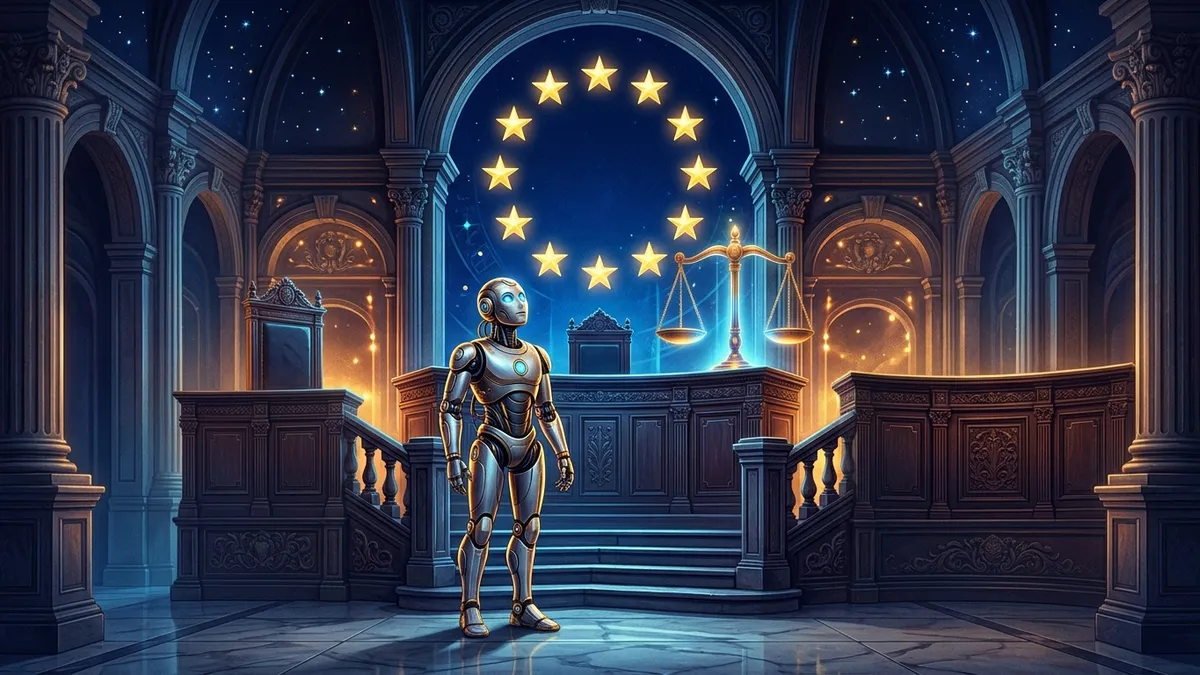 Friendly robot standing before a European courtroom bench with twelve golden stars and scales of justice