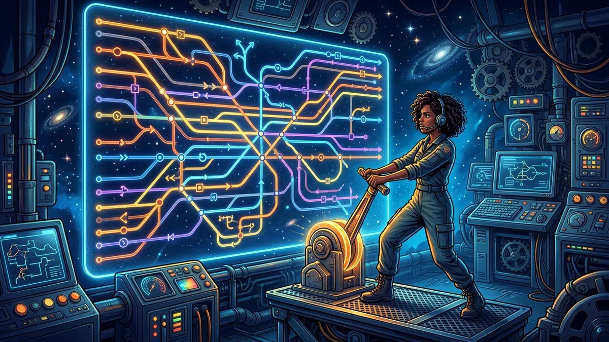 Developer in a time machine control room in front of a giant map of branching timelines