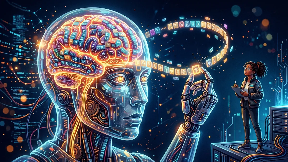 Transparent robot head with a glowing brain assembling a sentence from floating word tiles