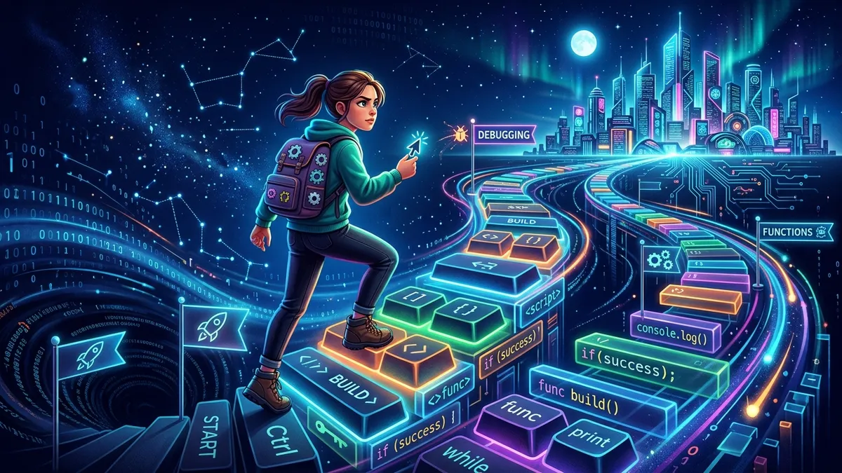 Beginner climbing a glowing staircase of giant keyboard keys toward a bright futuristic city