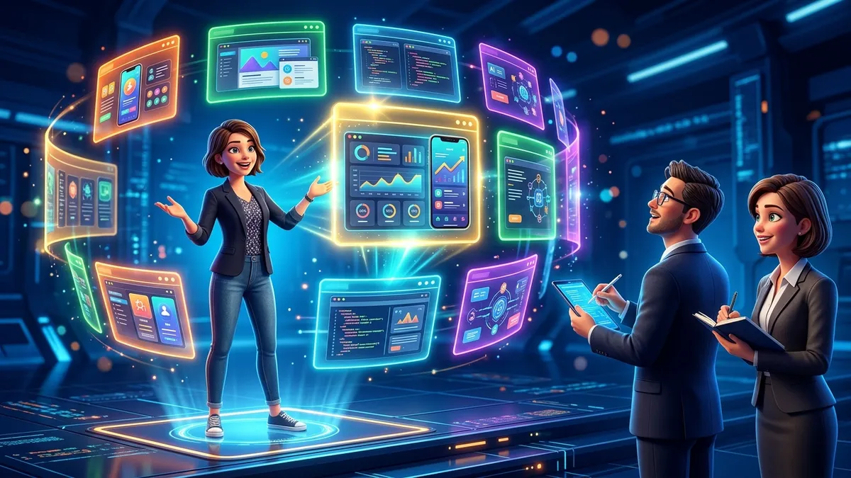 Junior developer presenting a holographic gallery of project cards to two impressed recruiters