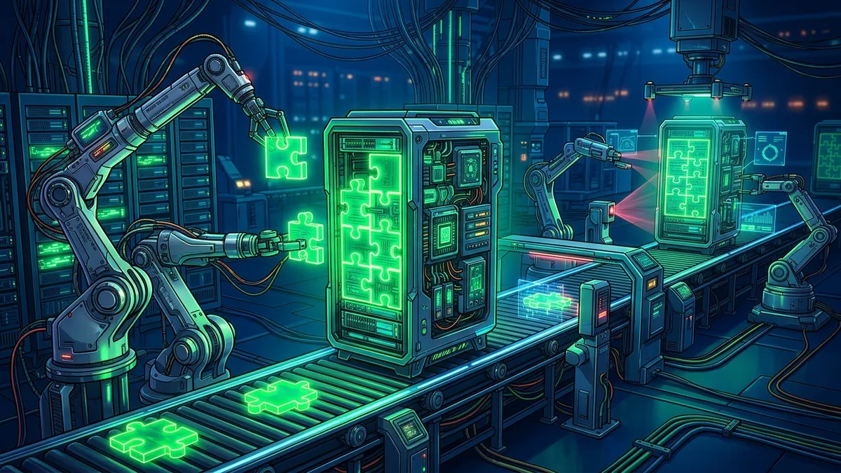 Futuristic factory line where robotic arms assemble glowing pieces into a server machine
