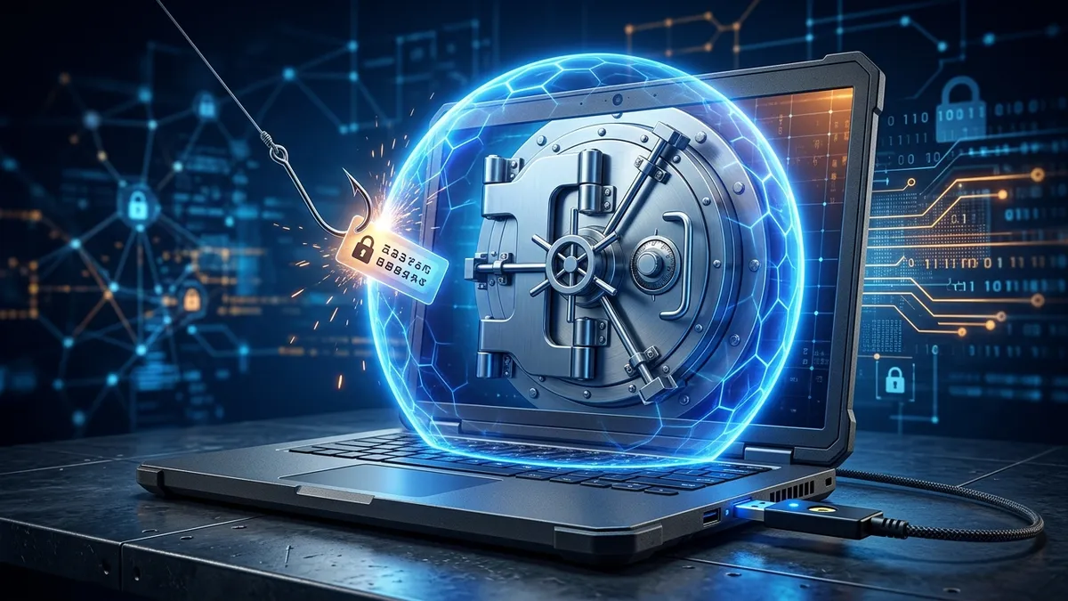 Laptop showing a bank vault door protected by an energy shield and a USB security key, phishing hook bouncing off