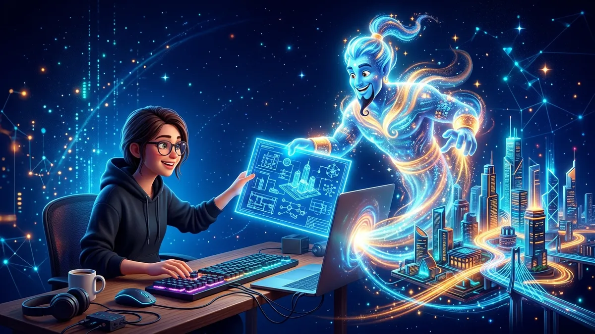 Developer handing a detailed blueprint to a friendly genie of light emerging from a laptop