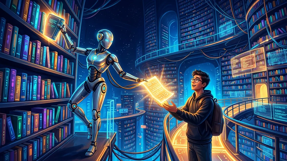 Robot librarian in a vast glowing library handing a shining answer page to a developer