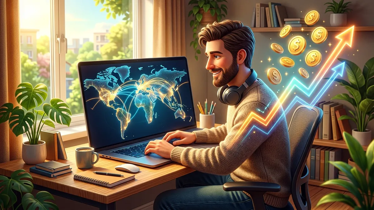 Relaxed developer at a sunny home desk with a laptop showing a world map of connections and rising charts
