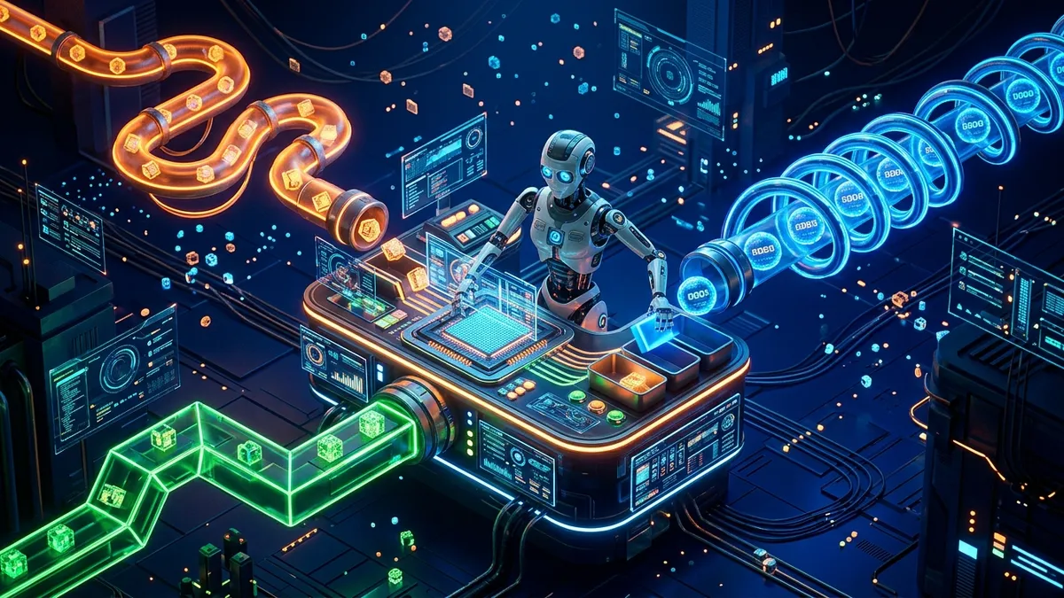 Three different glowing pipelines delivering data packages to a central API service counter