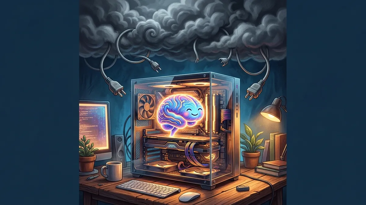 Glowing AI brain living inside a transparent desktop PC tower, disconnected from the clouds above