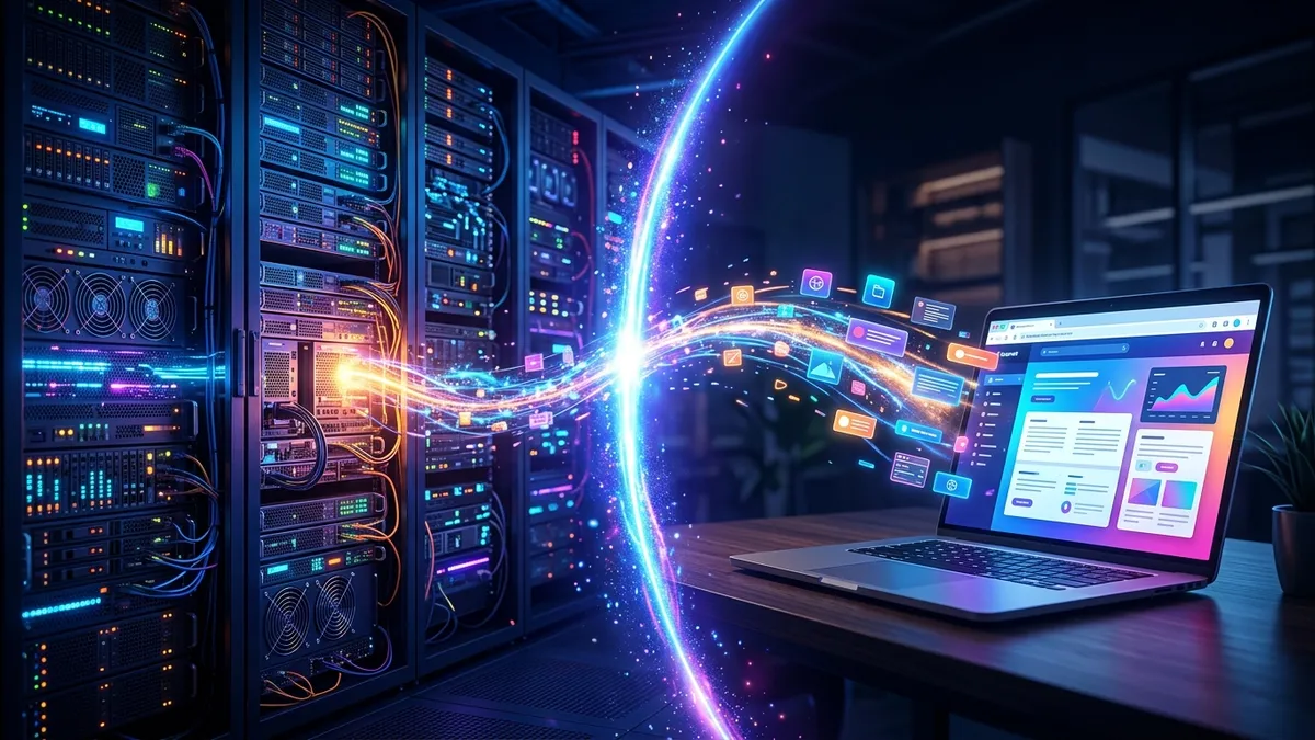 Split scene of a server room doing heavy work connected by a light bridge to a laptop receiving UI pieces