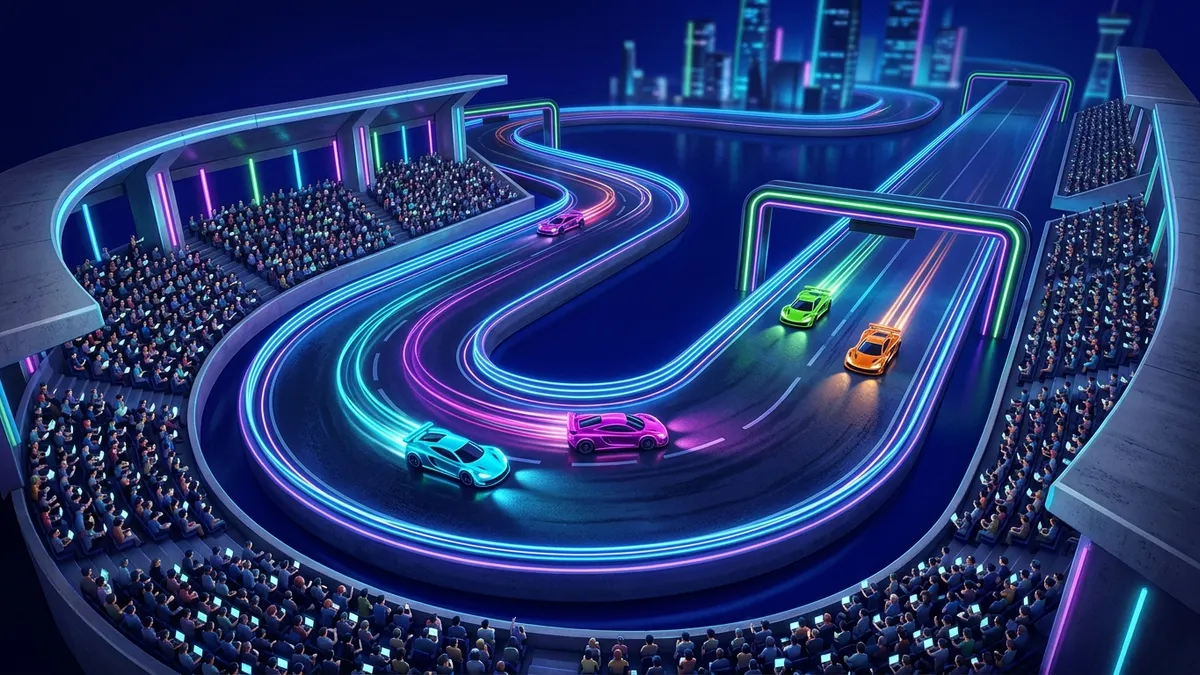 Aerial view of a neon race circuit at night with glowing race cars leaving light trails