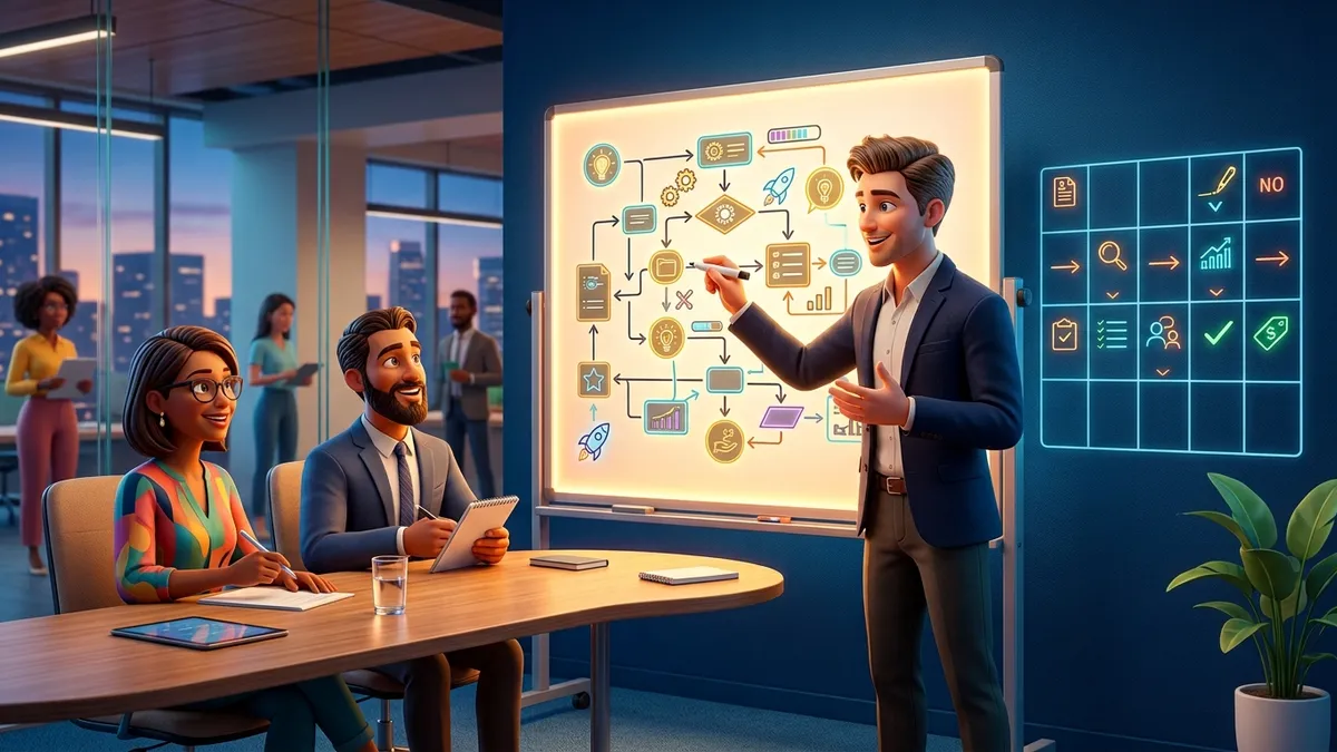 Confident candidate drawing flowcharts on a glowing whiteboard in front of two friendly interviewers