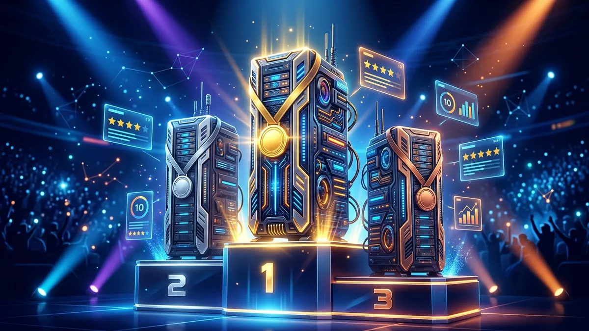 Three futuristic server towers on winner podiums at a competition ceremony