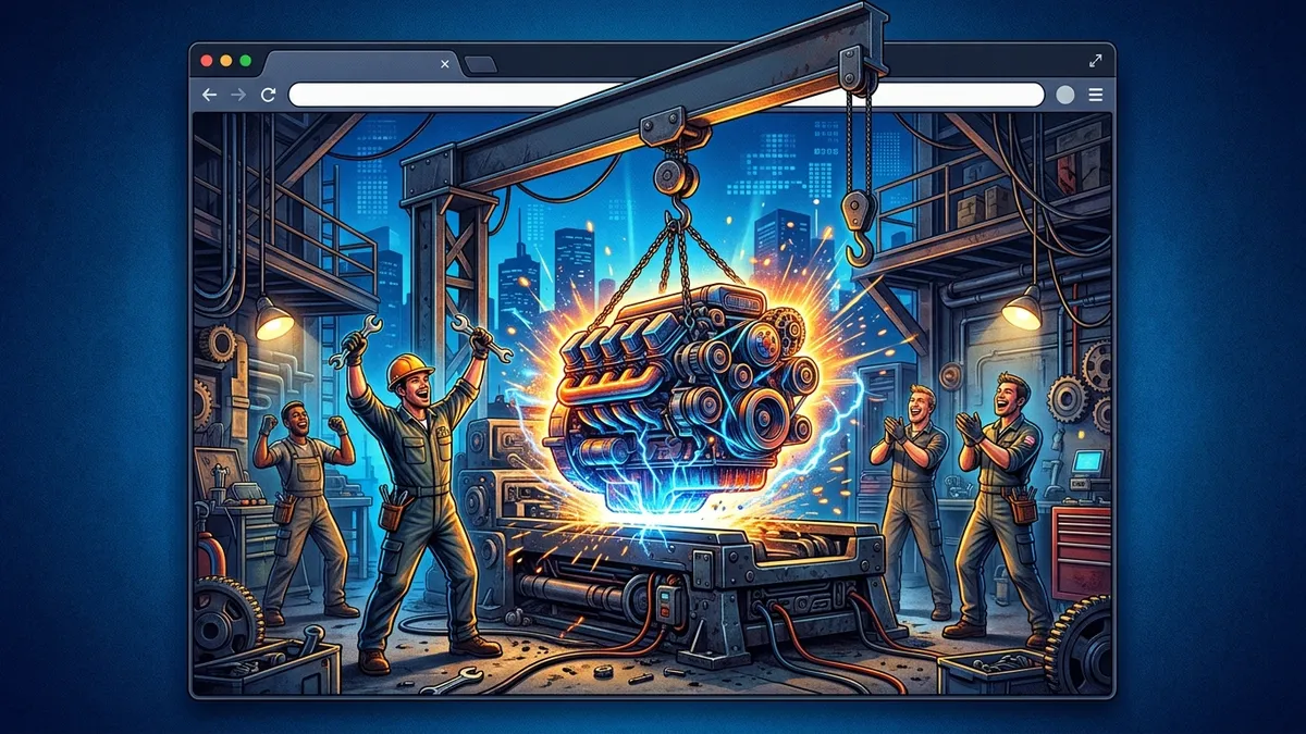 Browser window as an open garage where a crane lowers a powerful glowing engine into place
